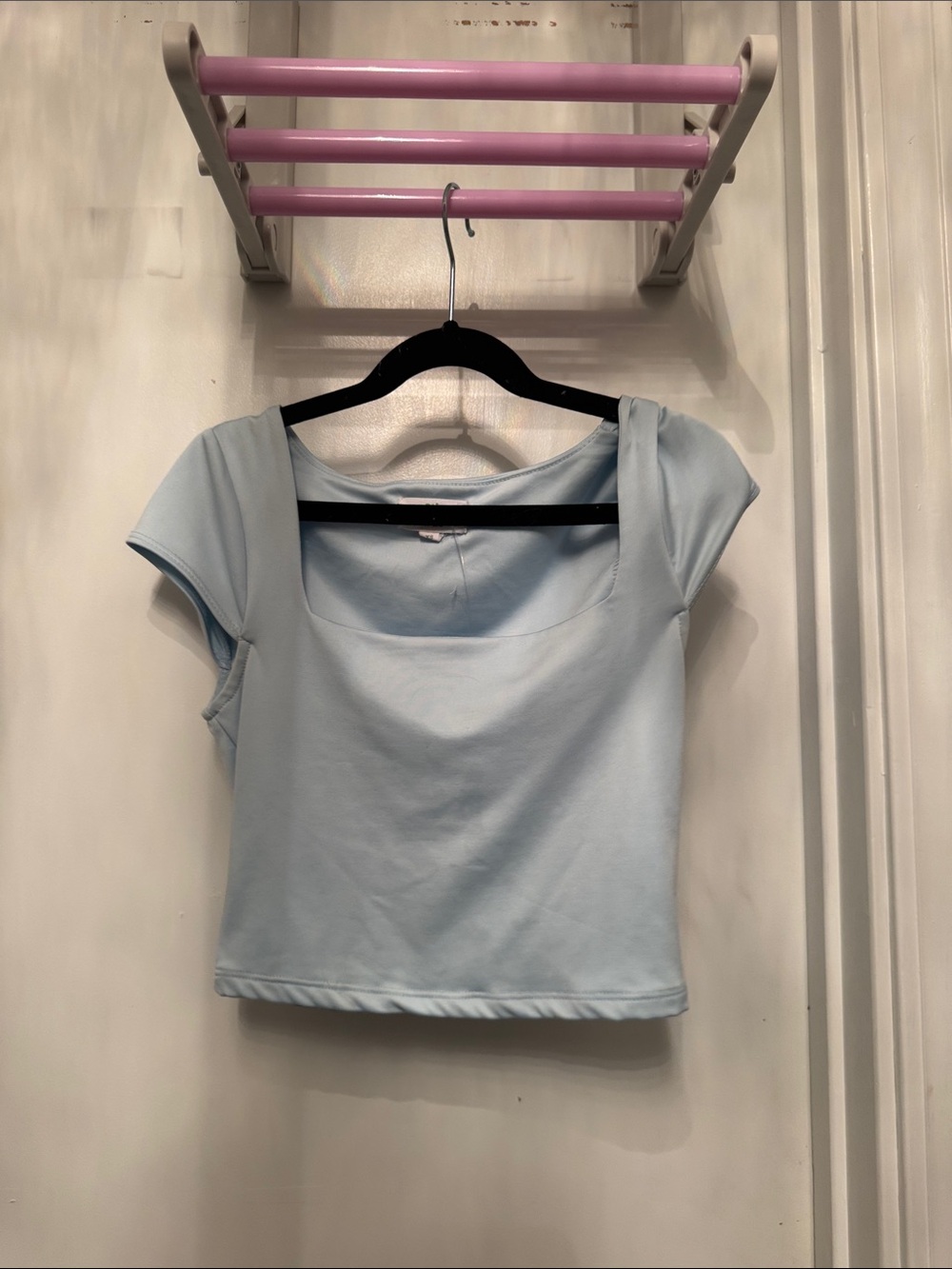 Square Neck Light Blue Cap-Sleeve Crop Top